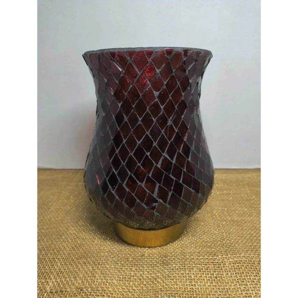 Red Mosaic Stained Glass Hurricane Candle Holder Lamp On Gold Tone Metal Base